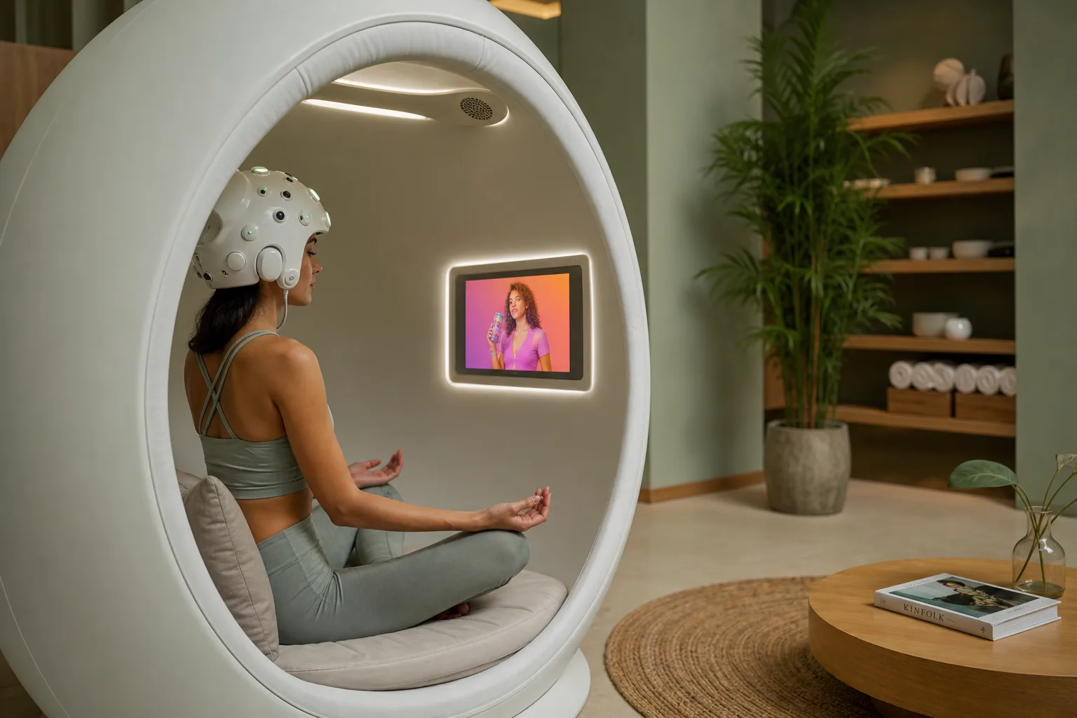 A serene person meditating inside a snug white pod, wearing a large biometric helmet, watching a commercial on a small screen