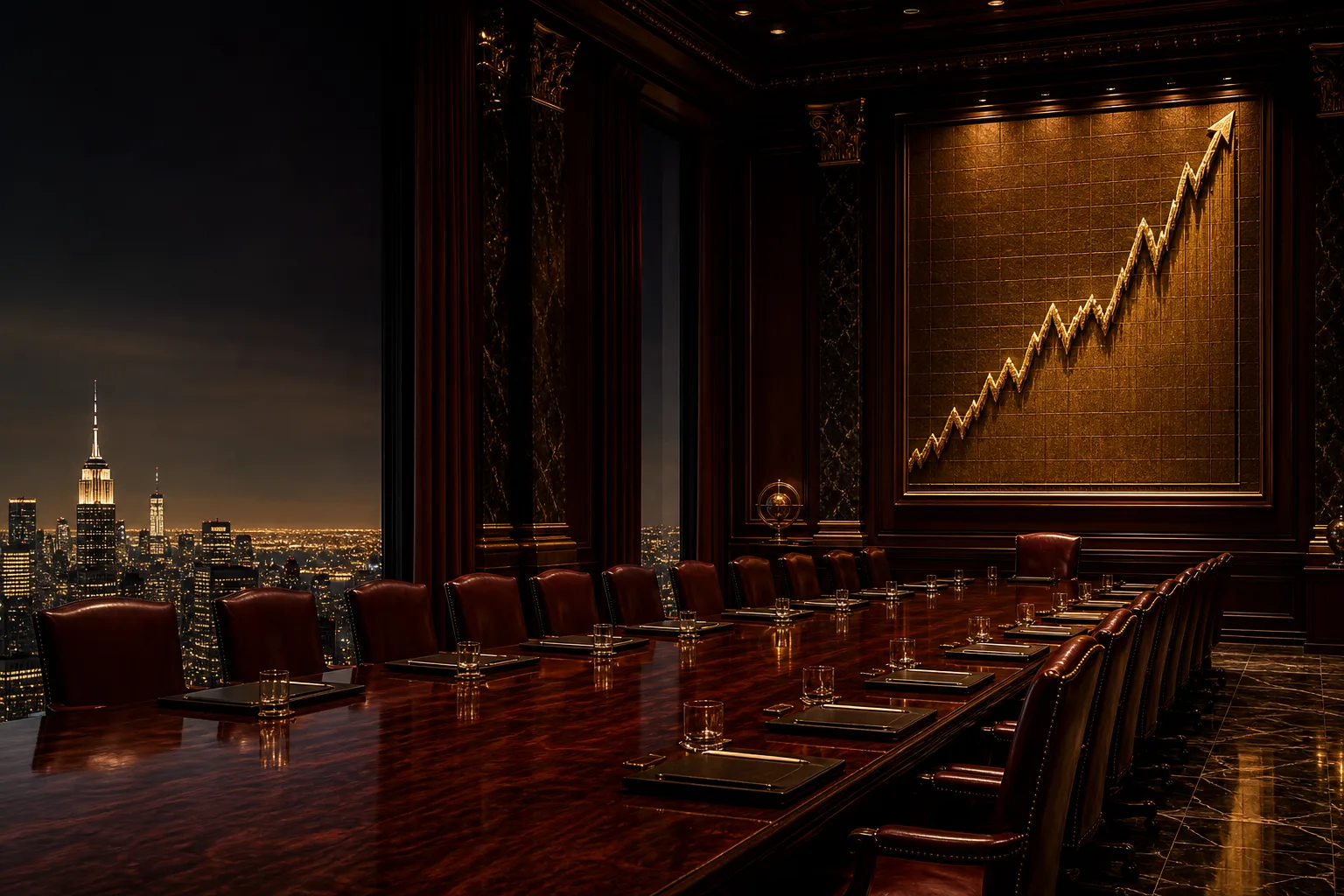 An opulent boardroom with an endless mahogany table and a giant gilded stock-chart sculpture arcing upward on the far wall